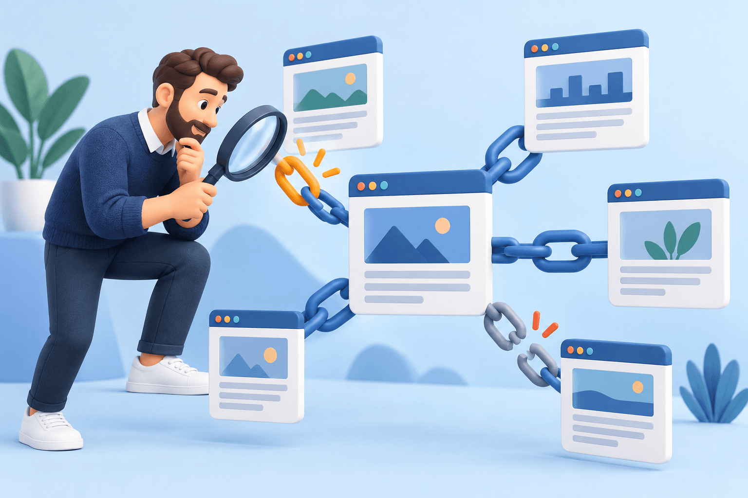 Specialist reviewing links connecting several websites.