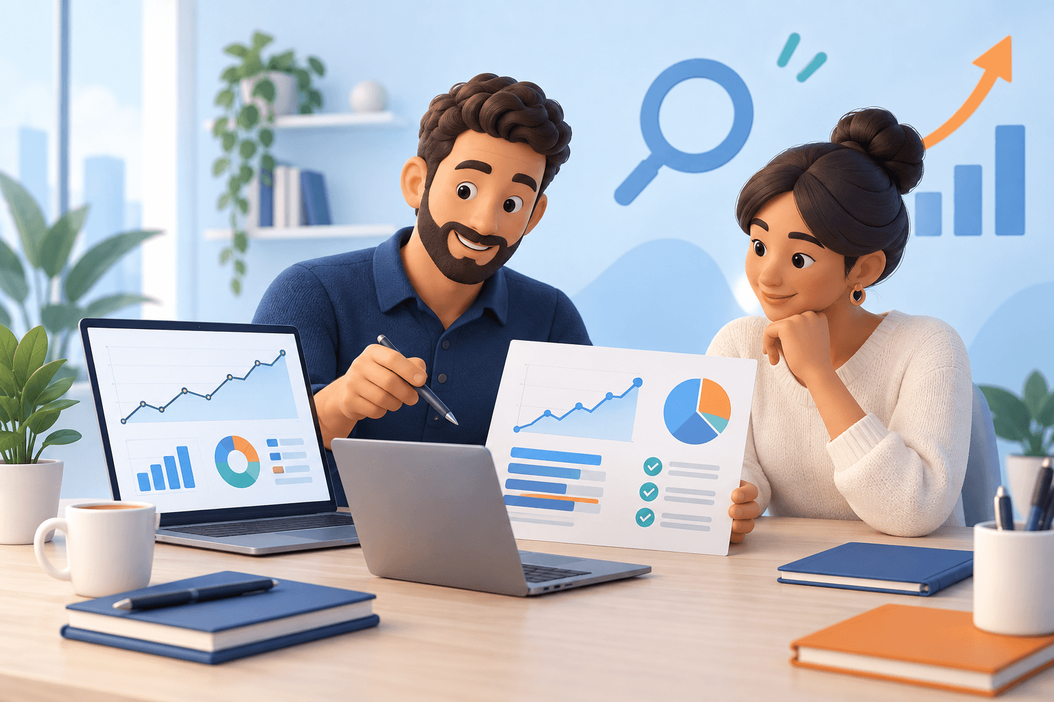 SEO consultant and client reviewing performance charts and an action checklist together.