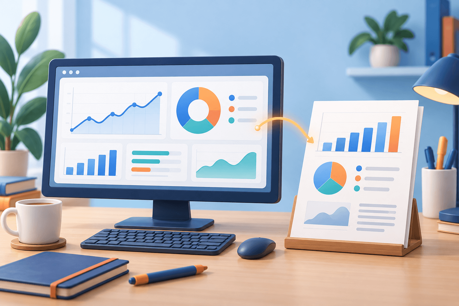 A dashboard and a printed SEO report showing two ways to present performance.