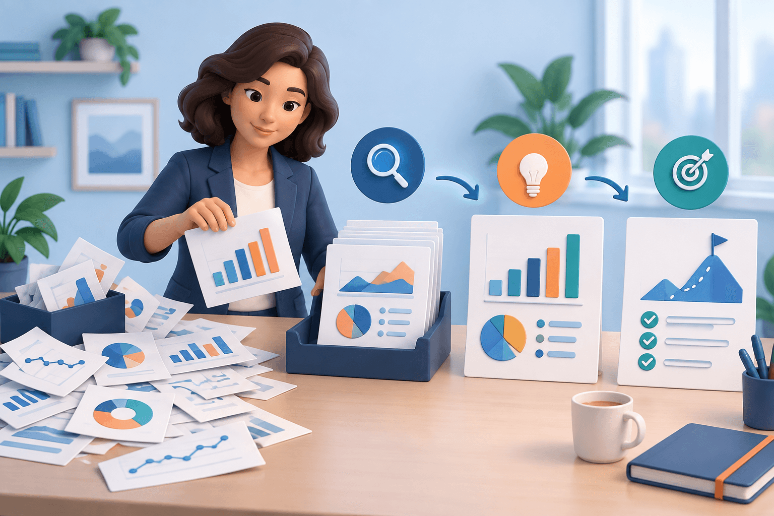 Analyst organising search performance charts into a structured SEO report.