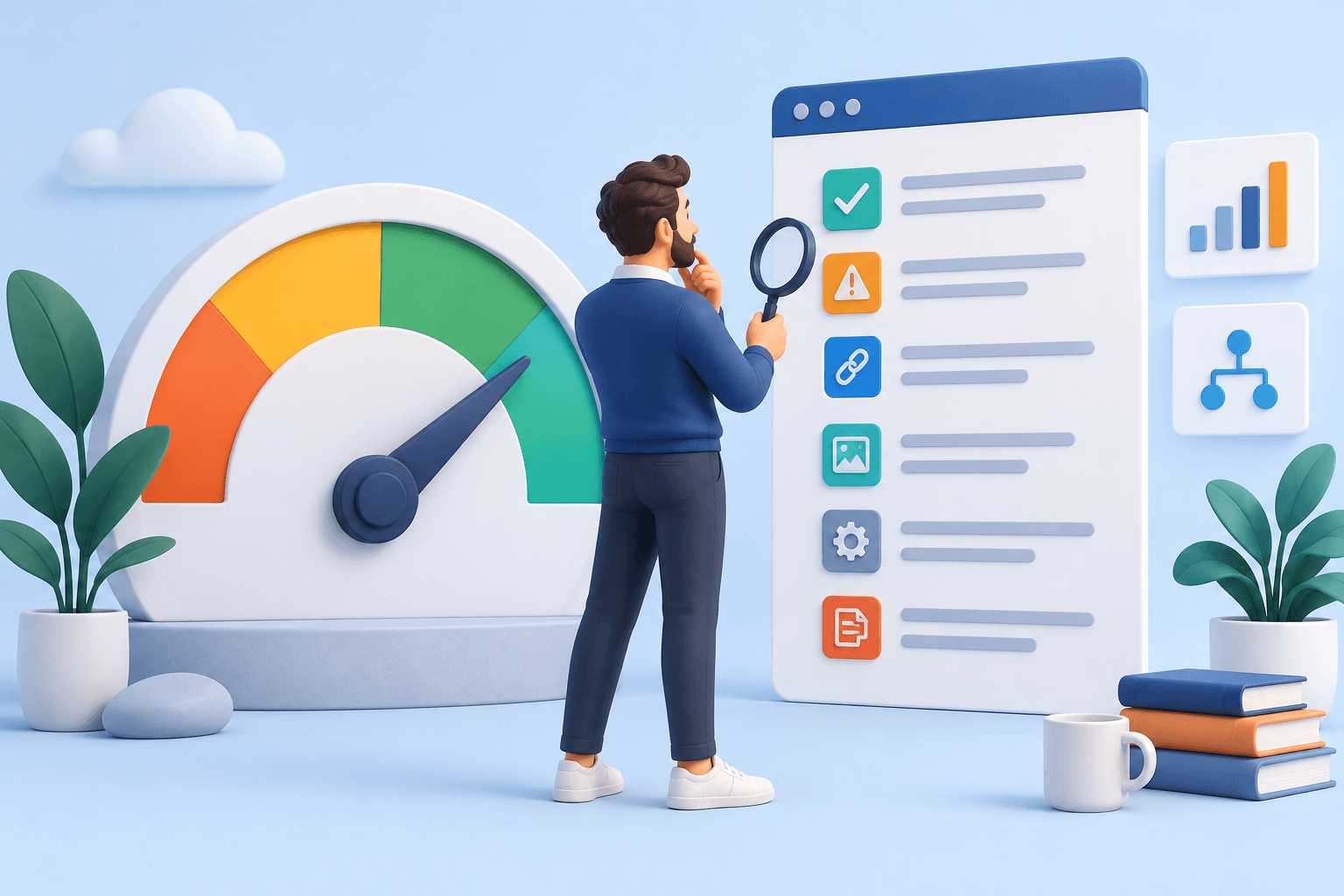 Analyst comparing an overall SEO score with individual audit findings.