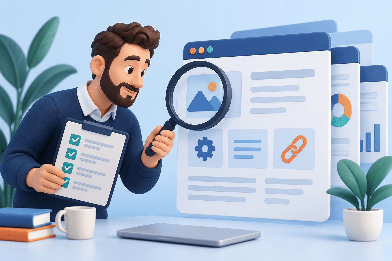 SEO consultant examining website pages with an audit checklist.